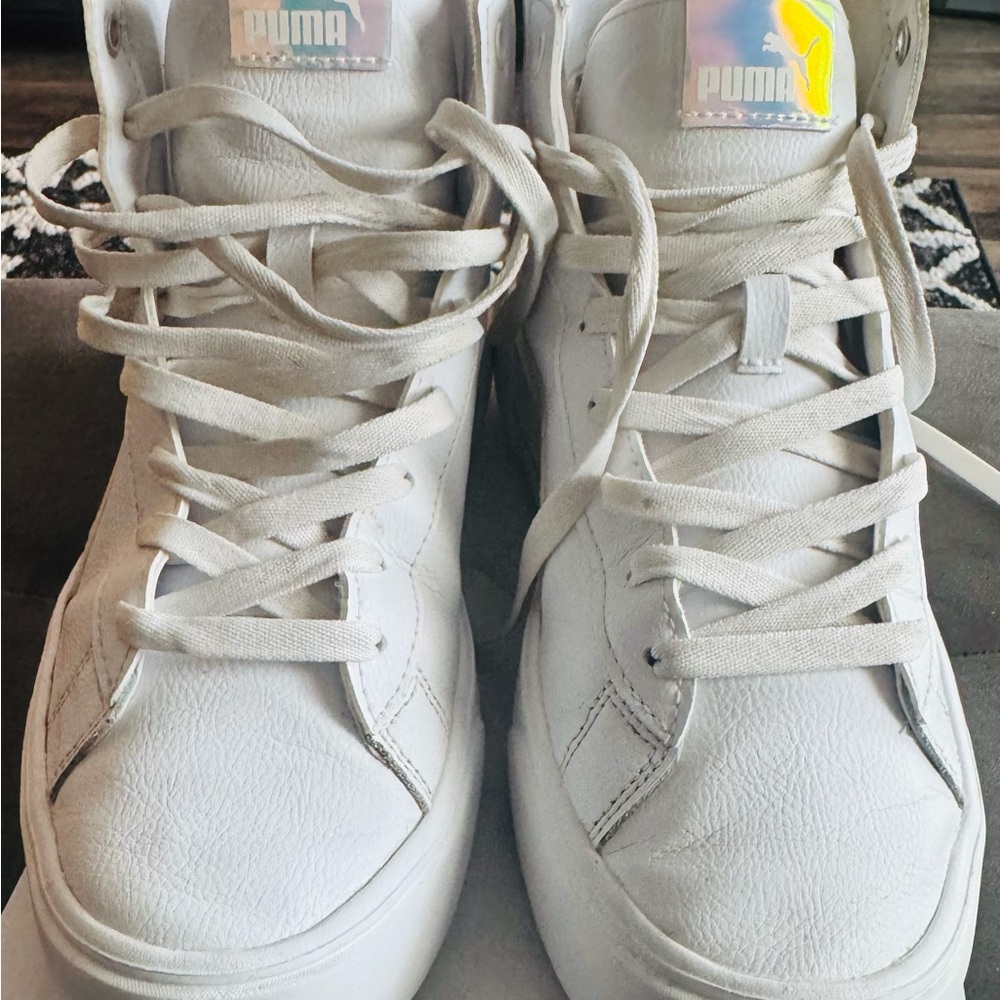 Puma Women’s White High-Top Sneakers with Iridescent Logo Size 9